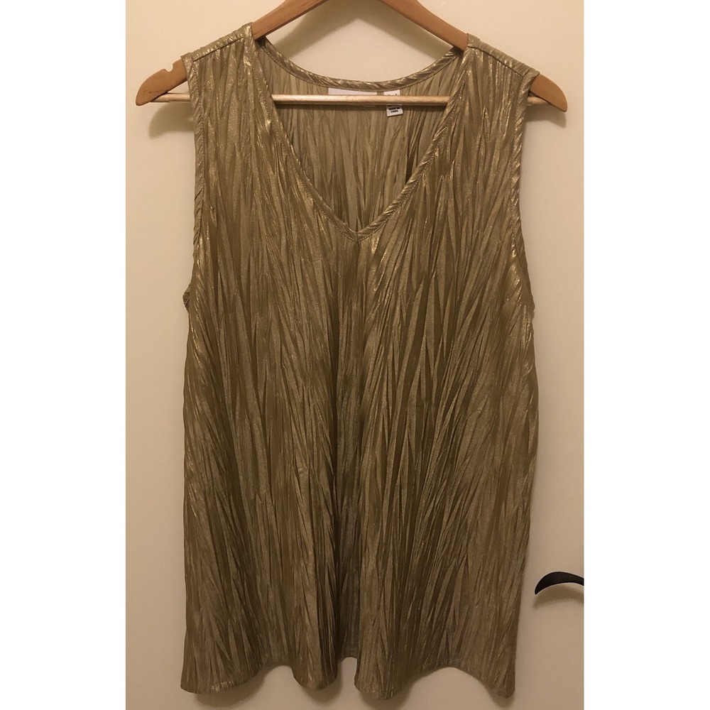 Susan Graver Metallic Crinkle V-Neck Tank Gold - Size L